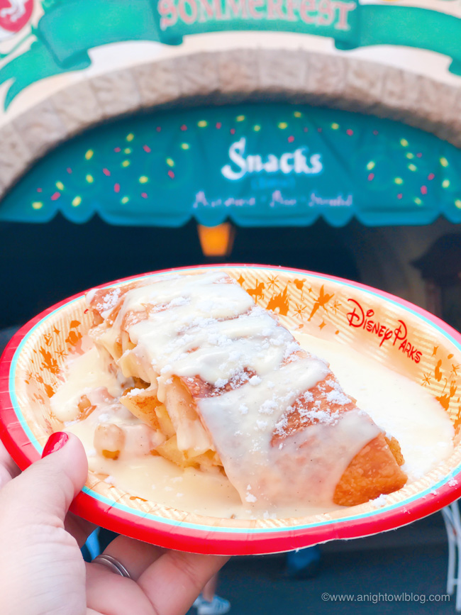 Guide to Eating Around the World at EPCOT: Apple Strudel with Vanilla Sauce from Sommerfest, Germany Pavilion at Epcot World Showcase #EPCOT #WaltDisneyWorld