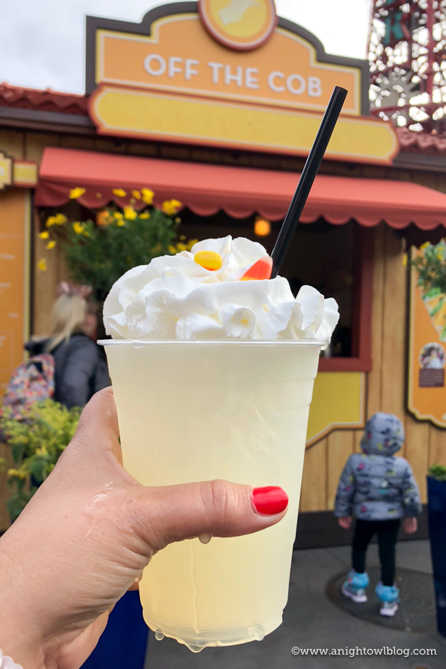 Disney California Adventure Food and Wine Festival Popcorn Lemonade with Whipped Cream and Candy Corn Garnish from Off the Cob #DisneyCaliforniaFoodandWine #Disneyland